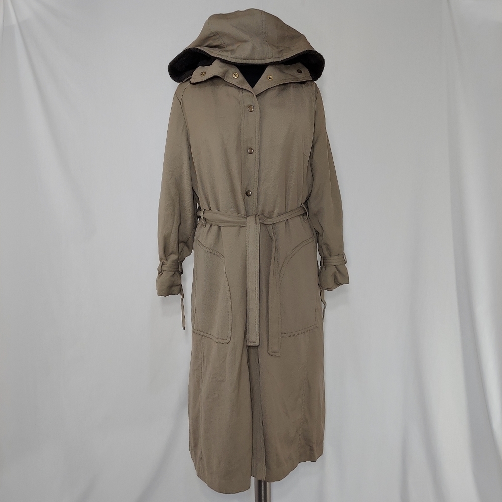 Smug‎ Vtg Trench Coat Women Medium Beige Belt Faux Fur Hood Snap Pocket 70s Mod